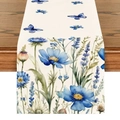 Linen table runner with blue watercolor flowers and butterfly print on wood table - Watercolor Butterfly Floral