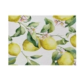 Macro detail of watercolor lemon and floral print on rustic linen kitchen placemat - Watercolor Art Lemon (Style 4)