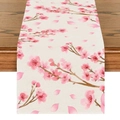Linen table runner detail showing pink cherry blossom print on woven fabric texture - Fresh Pink Cherry Blossom