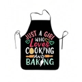 Detail of waterproof black apron with colorful cooking text and baking patterns - Just A Girl Who Loves Baking