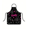 Detail view of professional black nail salon apron with pink Nails text and white tools - Nail Salon Tools (Pink Nails)