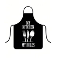 Detail of waterproof black kitchen apron with My Kitchen My Rules print and cutlery - Kitchen Rules (My Kitchen My Rules)