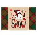 Detail of Christmas snowman table mat featuring red plaid patterns and let it SNOW text - Snowman Style