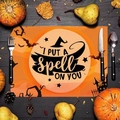Halloween pumpkin dining placemat with 'I Put A Spell On You' text and wizard hat - 30cm x 45cm / Wizard Hat Castle Design (Style 2)