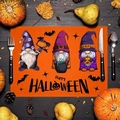 Detail of Halloween gnome placemat with heat resistant digital printing on dark wood table - 30cm x 45cm / Gnome Pumpkin Style (Style 3)