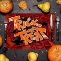 Trick or Treat Halloween placemat with black cat and spider web on a dark wood table - 30cm x 45cm / Spider Web Black Cat (Style 6)