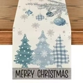 Detail of Christmas table runner with blue trees and Merry Christmas text on wood - Fresh Blue Tone Christmas Tree (Style-2)