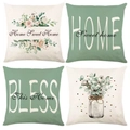 Lot de 4 housses de coussin crème et vert sauge avec motifs floraux et textes Home - Mélange Floral Vert Sauge (Style-5)