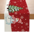 Texture détaillée du chemin de table de Noël avec bonhomme de neige et sapin imprimé - Bonhomme de Neige à Bonnet Rouge Sapin de Noël (Style-12)