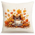 Linen autumn pillowcase with owl and coffee motif on beige fabric for home decor - Owl And Coffee Style