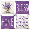 Set of 4 lavender floral linen pillow covers with Bless This Home and Home Sweet Home text - 45*45mm / Lavender Theme Style Collection