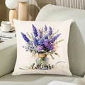 Quadratischer Leinen-Kissenbezug mit Lavendel-Aquarell und Welcome-Print auf Sofa - 45*45mm / Beige Lavendel Vase Stil