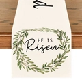 Linen table runner featuring He Is Risen Easter design with green laurel wreath pattern - Easter He is Risen Laurel
