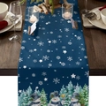 Chemin de table de Noël bleu foncé avec motifs bonshommes de neige sur table en bois - Paysage de Bonhomme de Neige Bleu Foncé (Style-5)
