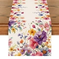Linen table runner with vibrant watercolor purple peonies and floral garden print - Watercolor Peony Rose