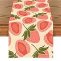 Linen table runner with strawberry pattern on a dark wood dining table - Pastoral Strawberry