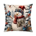 Linen Christmas pillow case featuring a snowman with a red hat and vintage lantern - Bird & Snowman Design (Style-17)