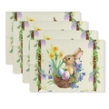 Set mit 4 Oster Tischsets aus Leinen mit Hasen und Eiern Aquarell Aufdruck für den Esstisch - Brauner Hase Osterei mit Narzissen (Stil-29)