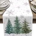 Chemin de table de Noël avec sapins verts et flocons de neige sur lin blanc - Flocon de Neige Arbre Vert Frais (Style-9)