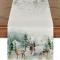Chemin de table de Noël en lin avec motifs d'aquarelle de renne et forêt d'hiver - Renne de Sapin à l'Aquarelle (Style-10)