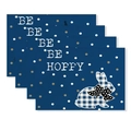 4er-Set blaue Oster-Tischsets aus Leinen mit Karohase und Be Hoppy Aufdruck - Dunkelblau gepunktet & Karohase (Stil-32)