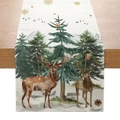 Chemin de table forêt d'hiver avec cerfs et sapins sur texture de lin rustique - Cerf de la Forêt d'Hiver (Style-13)