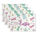 4er-Set Oster-Tischsets aus Leinen mit bunten Hasen-Silhouetten und floralem Aufdruck - Buntes Kaninchen-Silhouette Textdesign (Stil-35)