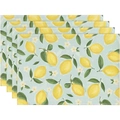 Set of 4 lemon pattern placemats in light blue linen texture for summer kitchen decor - Cool Summer Lemon (Style 22)