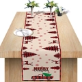 Chemin de table de Noël avec camion rouge et renne à carreaux sur fond crème - Camionnette à Carreaux Sapin de Noël (Style-15)