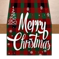 Chemin de table de Noël à carreaux rouges et noirs avec texte Merry Christmas - Plaid Buffalo Rouge Vert Noir (Style-16)