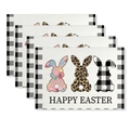 4er-Set Oster-Platzsets aus Leinen mit drei Hasenmotiven und Happy Easter Druck - Dreifarbige Hasen-Silhouette HAPPY-Stil (Stil 39)