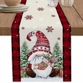 Chemin de table de Noël avec motif de gnome et bordures à carreaux rouges et noirs - Bordure à Carreaux Gnome à Bonnet Rayé (Style-18)