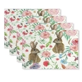 4er-Set Platzsets aus Leinen mit Osterhasen- und Blumenmotiv für Tischdekoration - Aquarell brauner Hase & rosa Rose (Stil 42)