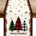 Chemin de table de Noël avec sapins à carreaux et texte Merry Christmas sur lin - Trois Sapins de Noël à Carreaux (Style-20)