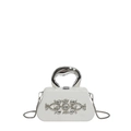 Elegant white box evening bag with silver fluid metal handle and crystal patterns - Red