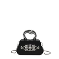 Elegant black suede evening bag with diamond embellishments and silver metal handle - Black