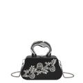 Schwarze Abendtasche mit silbernen Strass-Blumen und gewölbtem Metallgriff - Schwarz