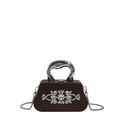 Dark brown evening box clutch bag with floral crystal rhinestones and silver handle - Brown