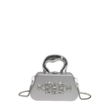 Silver hard-shell evening clutch bag with sparkling rhinestone patterns and metal handle - Silver