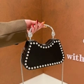 Elegant black hard shell evening bag with sparkling crystals and silver metal handle - Black