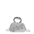 Silberne Abendtasche mit Blumenmuster aus Strasssteinen und Metallkettenriemen - Silber