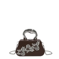 Dark brown rhinestone evening clutch bag with crystal floral pattern and metal chain - Brown