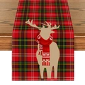 Chemin de table de Noël à carreaux écossais rouges avec silhouettes de rennes - Renne en Plaid Rouge Tartan (Style-21)