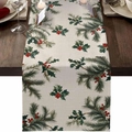 Chemin de table de Noël avec motifs de houx et baies rouges sur lin pour table de fête - Branche de Pin Baie Rouge (Style-24)