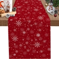 Chemin de table de Noël rouge avec flocons blancs sur une table en bois rustique - Nuit Enneigée Rouge à Pois (Style-26)