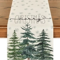 Chemin de table de Noël avec sapins verts et texte Merry Christmas sur tissu beige - Sapin Vert Réaliste Beige (Style-28)