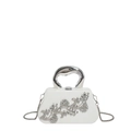 Elegant white hard-shell evening clutch bag with crystal floral pattern and silver handle - White