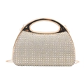 Sparkling silver rhinestone evening clutch bag with round gold metal handle and chain - Gold