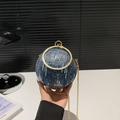 Spherical denim evening bag with silver sequins, gold round handle and chain strap - Dark Blue