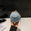 Blue denim spherical handbag with rhinestones and golden circular metal handle - Sapphire Blue
